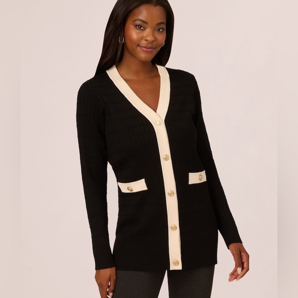 Adrianna Papell Sweaters - Adrianna Papell Cream Cardigan with Black Trim and Gold Buttons